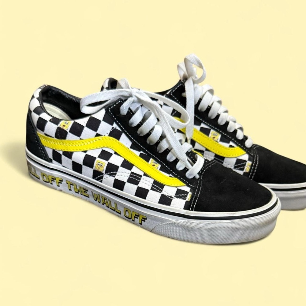 Vans Black and White Checkerboard Shoes with Yellow Accent
